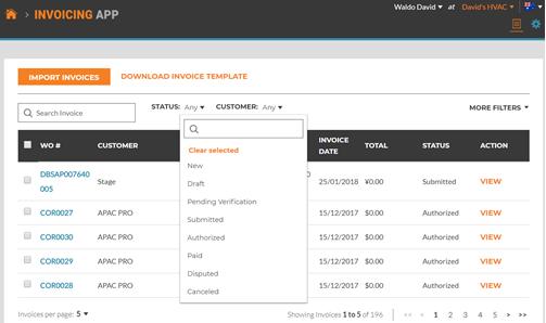 selected to view all invoices Customer Drop Down View all customers or place a check to
