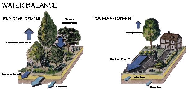 This diagram shows how development and its corresponding increase in impervious cover disrupts the natural