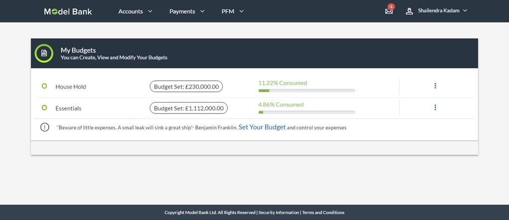Budget 4.1.2 View and Modify Budget The user can view and modify all his created budgets from the PFM dashboard.