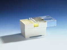 Tip-Box PC Made of PC. This sturdy box has a sliding lid, can be stacked, and is autoclavable at 121 C (t e 20 min). Tip-Box 5 / 10 ml Made of PP. With push-on lid.