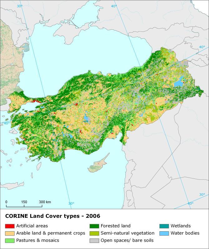 Artificial areas Arable & permanent crops Pastures & mosaics Forested Semi-natural vegetation Open spaces/ bare soils Wets Water bodies TOTAL [hundreds ha] Turkey Land cover 2006 Overview of cover &