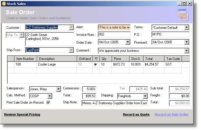 - Product Overview 15 Key Features Guide Create Sale Orders and Apply Commissions Create item sales with WMS from specific locations and automatically apply special pricing agreements.