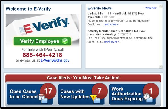 Page 57 of 109 CASE ALERTS PROCESS OVERVIEW E-Verify user home page display with no