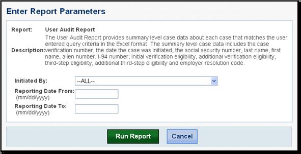 Page 63 of 109 Click Next. Use the drop down list to select the E-Verify user for whom you want a report. Enter the date range for which you want a report. Click Run Report. Use report as needed.