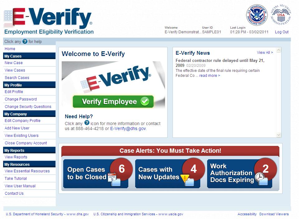 Page 6 of 109 1.2 BASIC WEBSITE NAVIGATION All E-Verify users need to be familiar with the website navigation links. The figure below provides a screen shot of the employer user Web page.