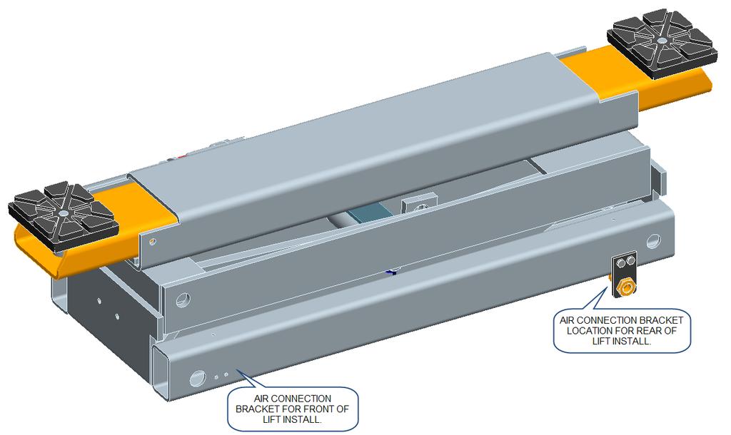 4.0 Air Connection 6. The jacking beam must be connected to the air supply in order to operate. There are (2) two configurations for the air supply to be connected. a. The Jackbeam is shipped pre assembled to install at the front of the lift.