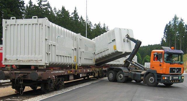 The Roller Container Transport System Containers equipped with steel roller wheels Moved between rail and lorry utilizing specially equipped rail cars and lorries with lever arm mechanisms * Picture