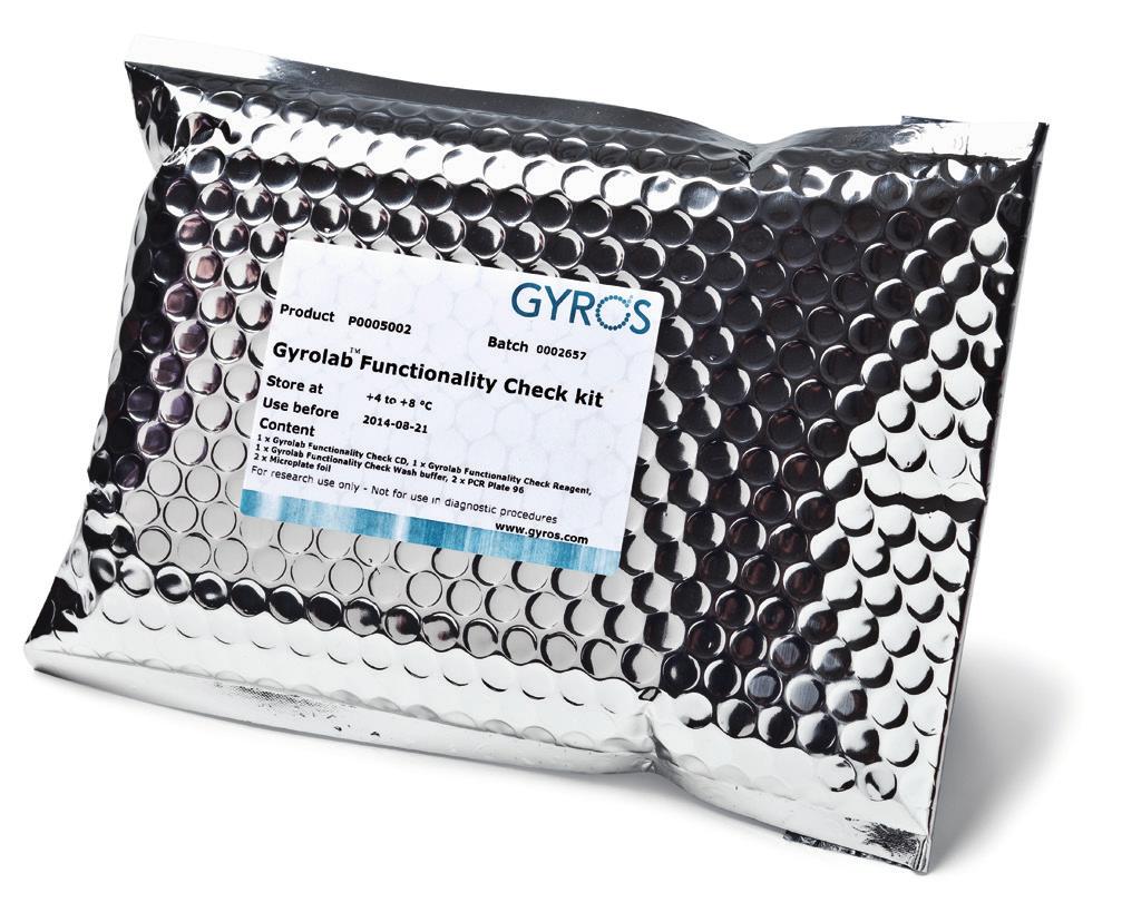 Gyrolab Functionality Check Kit Ensure high quality results Storage and shelf life Support GLP/GMP and quality assurance requirements Verify instrument performance within 20 minutes checks liquid