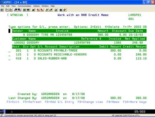 We can edit one of the General Ledger entries using option 2 - Edit if Tire System control record NABGLCHG is set to Y.