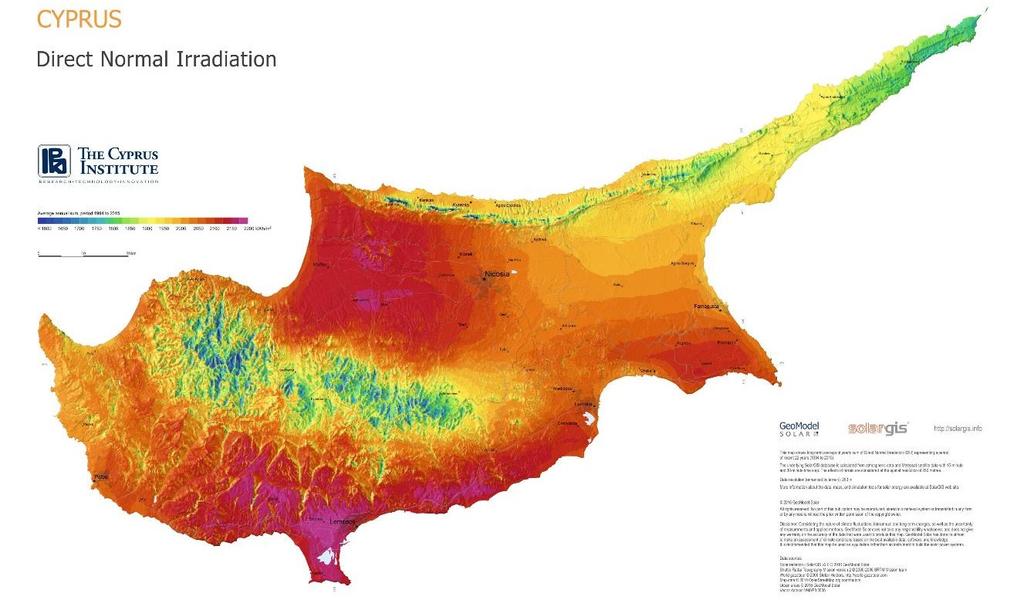 Cyprus DNI Map 2020 RES Roadmap Sector 2014 RES in Final Energy Demand Electricity 7.3% (Target 2020 : 16 %) Heating & Cooling 20.8% (Target 2020 : 23.5%) Transport 2.6% (Target 2020 : 10% (4.