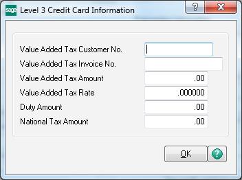 Additionally, a Level 3 button has been added to the Credit Card tab in Sales Order Entry and S/O Invoice Data Entry. This button can be used to enter additional information for level 3 transactions.