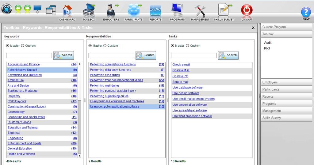 Toolbox This page lists all the Keywords, Responsibilities and Tasks currently housed in the Skilldex database.