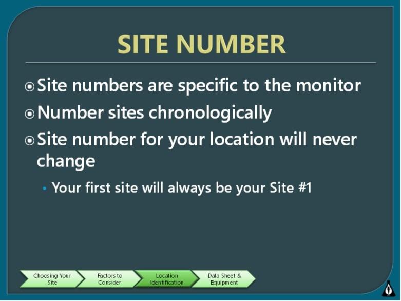 Site Number and Description Once you have chosen an appropriate site to monitor, you will need to refer to the site each time you submit data: Site Numbers