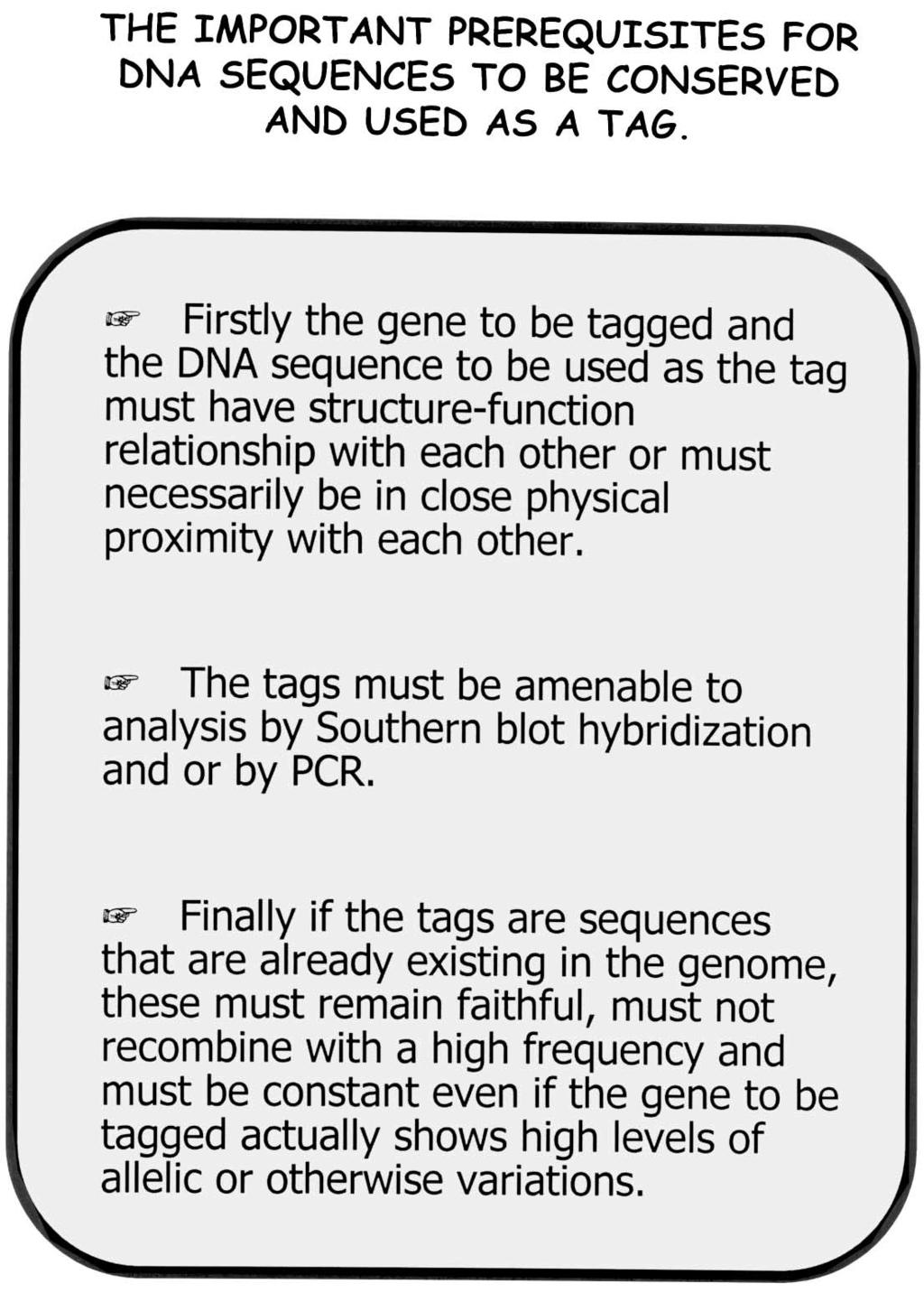 FIGURE 1. The important prerequisites for the use of DNA sequences as gene tags are listed in the textbox.