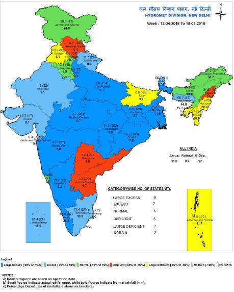 Weather Watch: Advance of Southwest Monsoon-2018 In the pre monsoon season, at All-India level, the rainfall during the week (05th April, 2018 11th April, 2018) has been 52% higher than Long Period