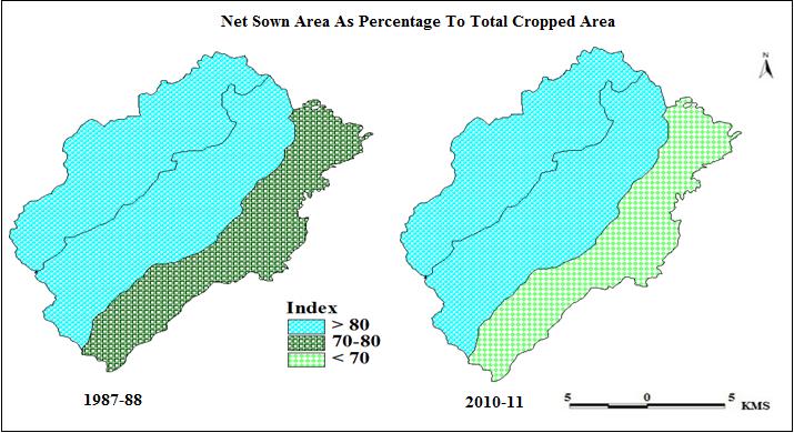 as 18393.36 hectare (89.95%), while as Beerwah Tehsil had least area under net sown area as 14930.39 hectares (91.94%). region in the District Budgam based on the technique put forward by weaver.