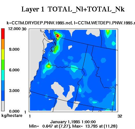 Nitrogen Dry + Wet Deposition Annual Total Annual Maxima along I-5, urban centers (~8-12 kg/ha) Range: 0.
