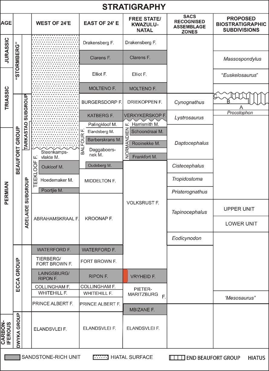 Figure 11: Lithostratigraphic (rock-based) and biostratigraphic (fossil-based) subdivisions of the Ecca and Beaufort Group of the Karoo Supergroup with rock units and fossil assemblage zones relevant