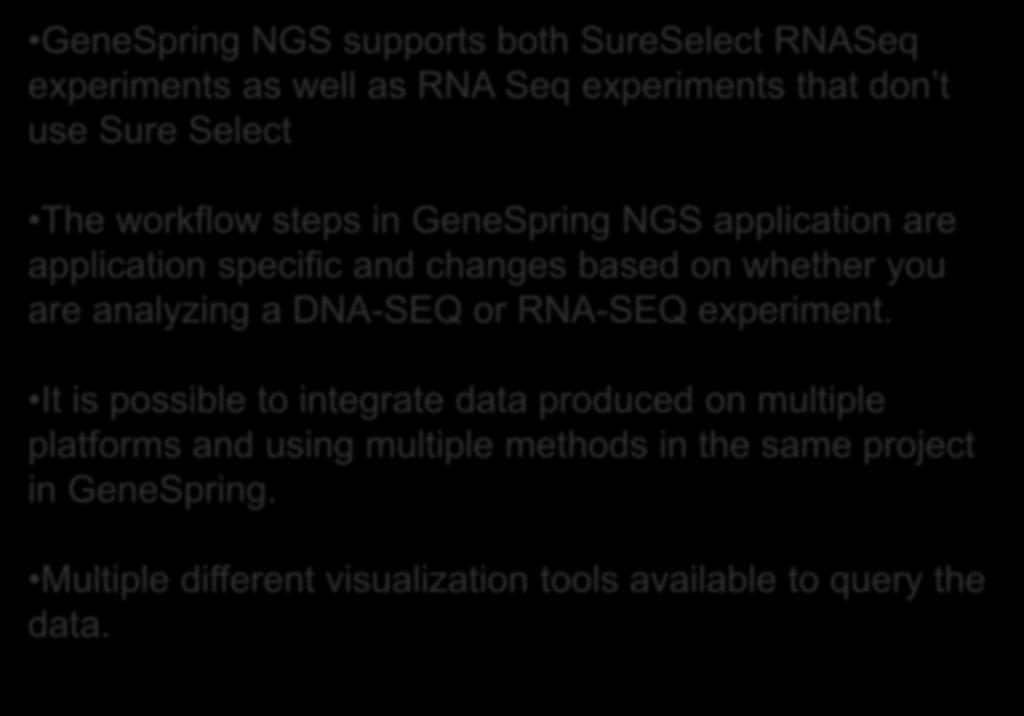 Summary in General GeneSpring NGS supports both SureSelect RNASeq experiments as well as RNA Seq experiments that don t use Sure Select The workflow steps in GeneSpring NGS application are