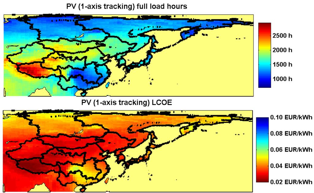 Supposed scenarios: Full load hours & LCOE (PV/wind) (weather year 2005, cost year 2030) Region PV fixedtilted FLH FLH FLH FLH PV 1-axis CSP Wind East Japan 1316 1536 1230 3362 West Japan 1365 1604
