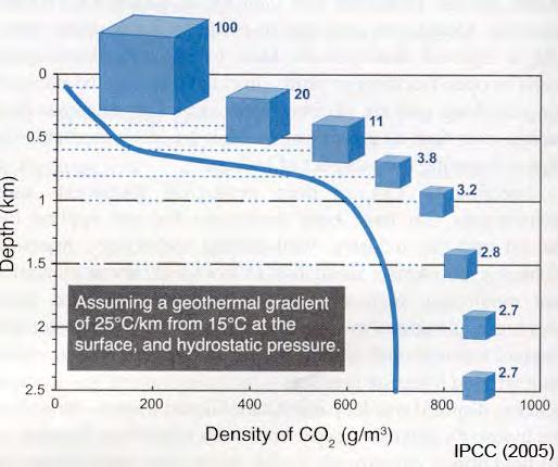 want to inject to greater than 800 m depth CO 2 in supercritical state behaves like a fluid with properties that are