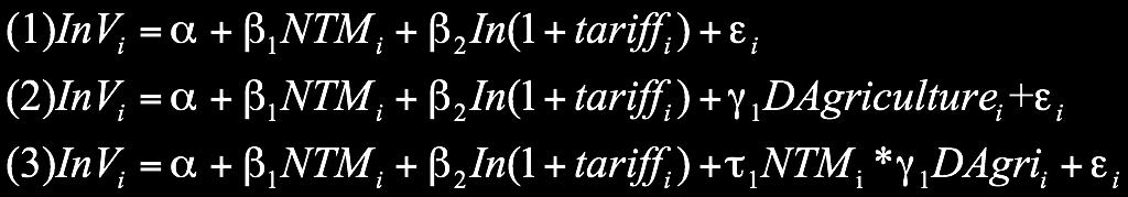 Baseline estimation: overall NTM effects V i : the ordinary, processing and total import value of product i at HS 8-digit; NTM i : 1. Dummy_NTM, if product i suffers any NTMs, 1; otherwise,0; 2.