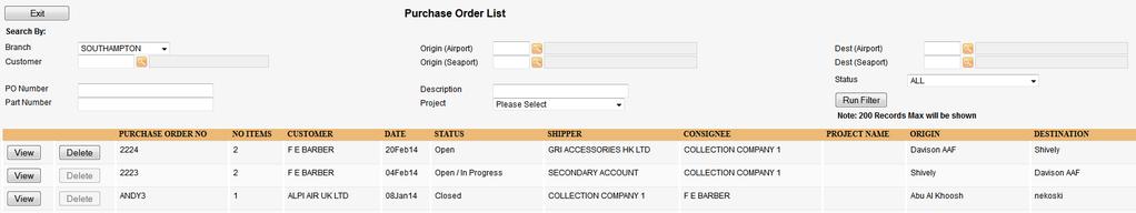 Once you exit a Purchase Order, you will be redirected to the Purchase Order List page (This is where you would be redirected to had you have chosen from the main PO screen at the beginning).