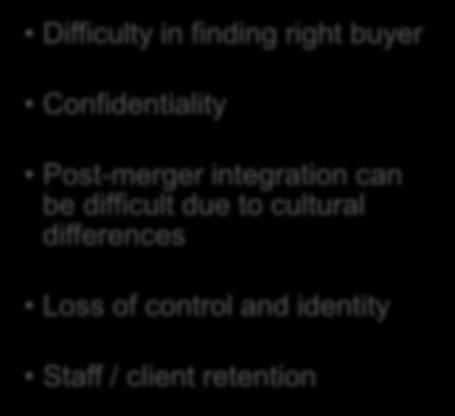 markets or service offerings Difficulty in finding right buyer Confidentiality Post-merger