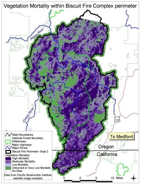 Figure 2: Map of vegetation mortality in the entire Biscuit Fire Complex area using PBI satellite