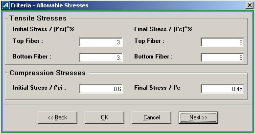 Enter The Initial And Final Allowable Stresses. (Fig.1.2-5) Tensile stresses are input as a multiple of the square root of f c, and compressive stresses are input as multiple of f c.