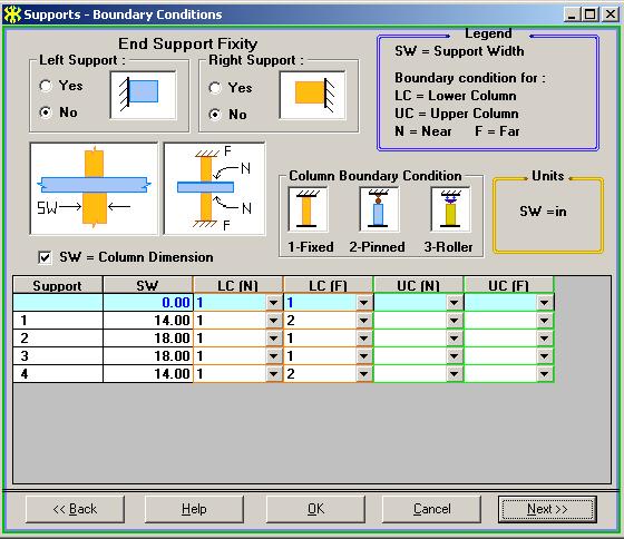 This screen is used to enter the support widths and column boundary conditions.