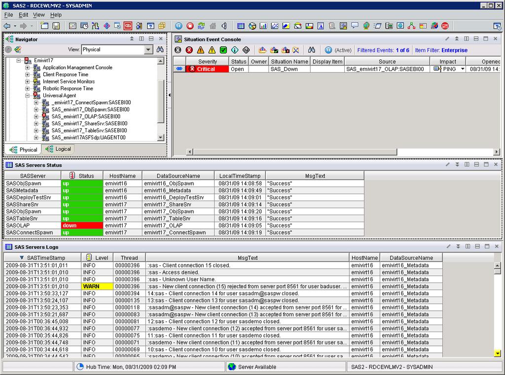 SAS 9.2 server status monitoring, demonstrating a critical situation within the TEMS framework SAS 9.1.