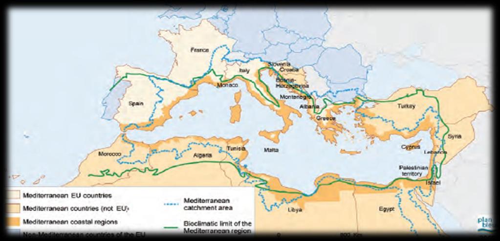 The Mediterranean region The Mediterranean region strong of its 460 million inhabitants, is located at the crossroad of three continents Its basin shares a unique climate and natural and cultural
