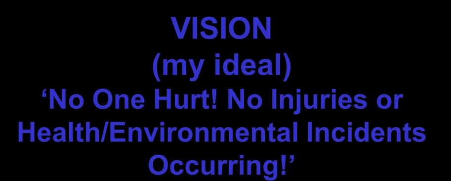 VISION (my ideal) No One Hurt! No Injuries or Health/Environmental Incidents Occurring!