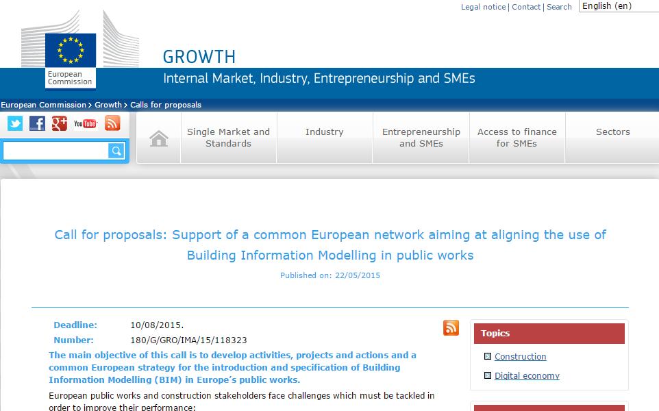 BIM in Europe EU Call for proposals Source: EU directive http://ec.europa.eu/growth/tools-databases/newsroom/cf/itemdetail.cfm?