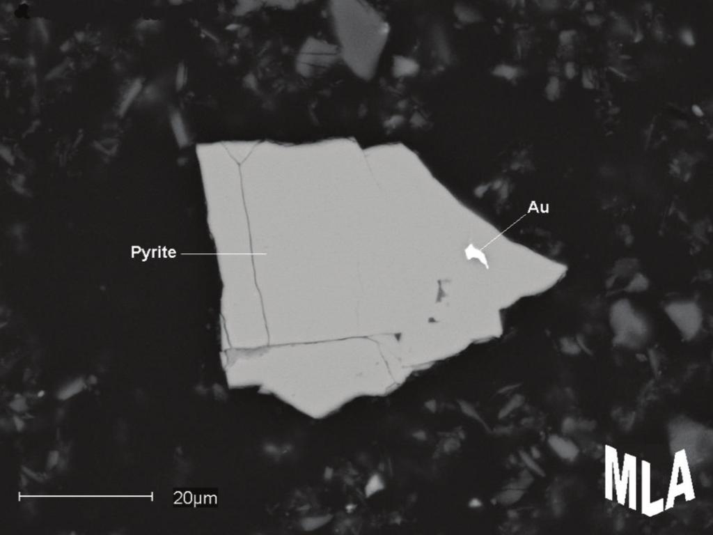 most common sulphide mineral Gold grains were observed from 0.5 to 15 μm in pyrite ranging from 40 to 180 μm A single gold grain was observed in arsenopyrite.