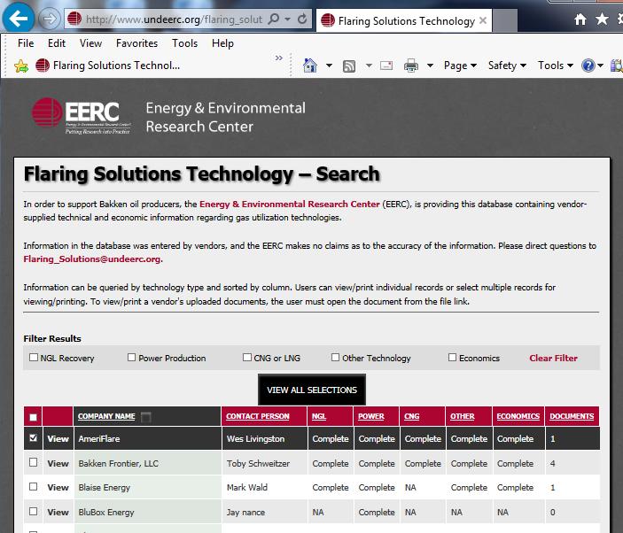Remote Capture Technology Database As of August 2015, the EERC s Flaring Solutions database contains 63 companies: 24 NGL recovery 12 power production