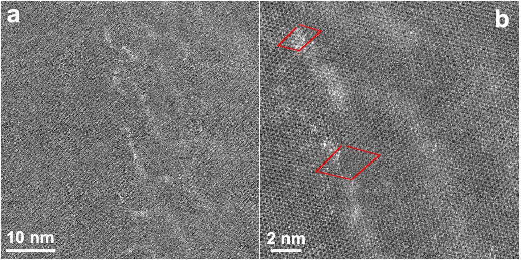 Figure S5. The hexagonal pattern showing in TEM-BF images in a with interspacing of ~20 nm. b, The STEM-HAADF raw images of hexagonal pattern with ~20 nm interspacing. c, The FFT filtered image of b.