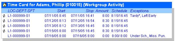 Viewing Employee Hours by Workgroup To view detailed information about different workgroups the employee has worked in, click in the upper left section of the time card.