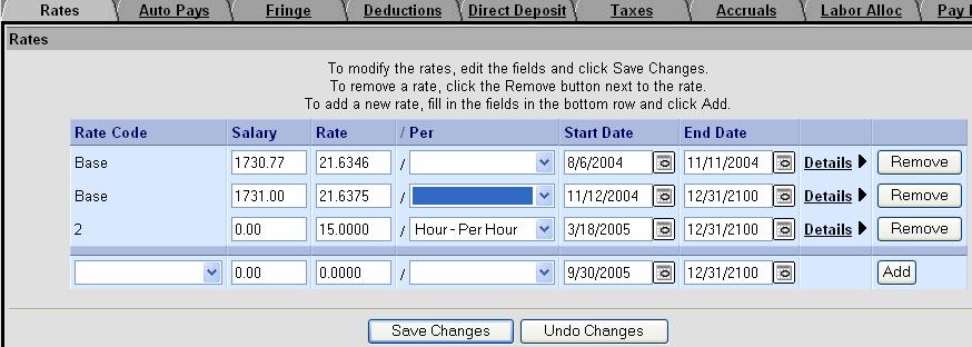 This tab is also your historical lookup tool, so it is recommended, as a rate change is necessary, that a new version of that rate be added. Do not change or delete existing rates.