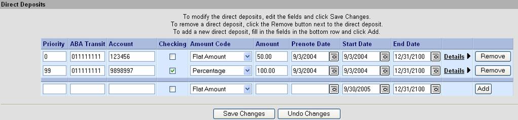 Direct Deposit The definitions for employee s direct deposits are setup here. An employee can have an unlimited amount of direct deposits.
