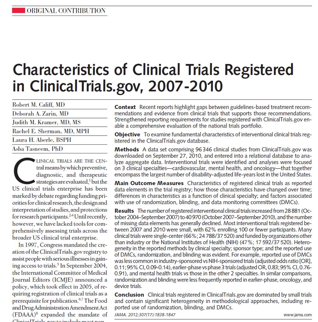 Conclusion Clinical trials registered in are dominated by small trials and contain significant