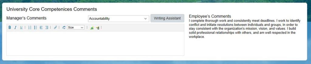 Once the competency the supervisor wants to comment on has been selected, click on the button Writing Assistant.