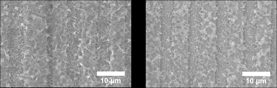 Fig. 4.20. SEM images of the 5 minute deposition, 5-5 µm pattern samples probed in Fig. 4.9: with the undoped electrolyte; and with the doped electrolyte. ph p O = 0.
