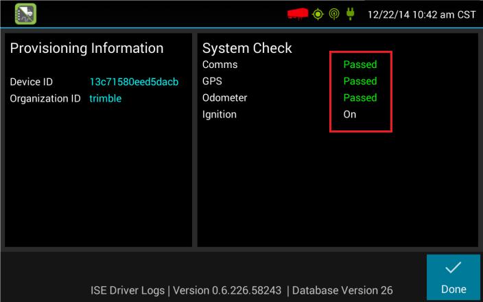 USING LOGS Lost connection to the vehicle The Diagnostics screen displays the Device ID and Organization ID assigned to the vehicle. It also displays the results of the system check.