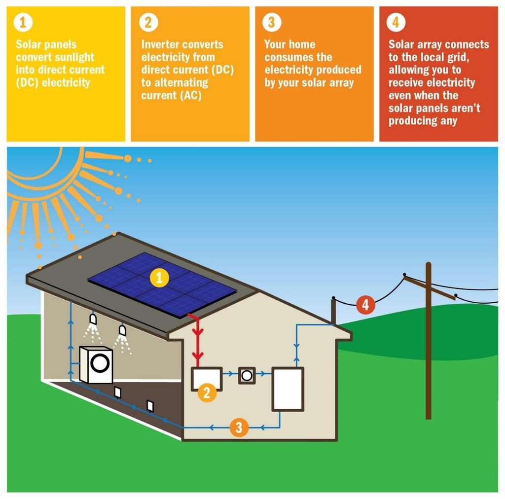 Electricity from your solar panels flows into your home to power your appliances and electronic