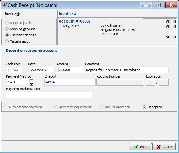 3. Use the mouse or spacebar to mark the radio button to select Customer Deposit indicating that the payment is a deposit received for work to be performed in the future. 4.