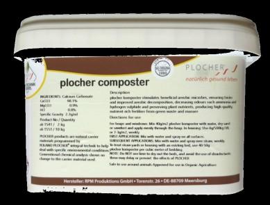 Plocher Composter Reduces ammonia and odours Starts composting in shed Stimulates beneficial aerobic microbes Accelerates aerobic decomposition Greatly improves hygiene in building Keeps the bedding