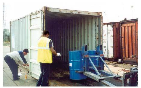 Drum-handling equipment reduces drum damage Manually handling drums into containers is