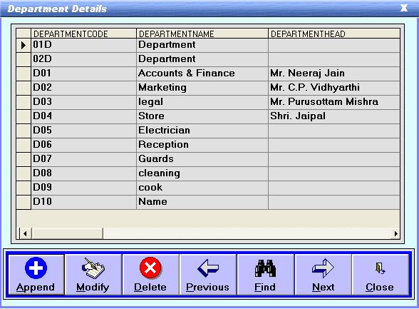 Figure 11: Department Master-1 i. Append: Press button "Append" to add a new department in the company.